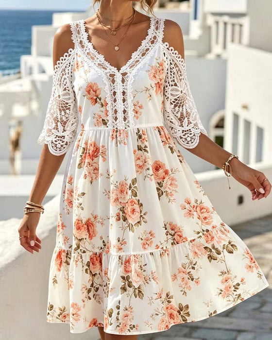 V-Neck Lace Patchwork Floral Cold Shoulder Dress