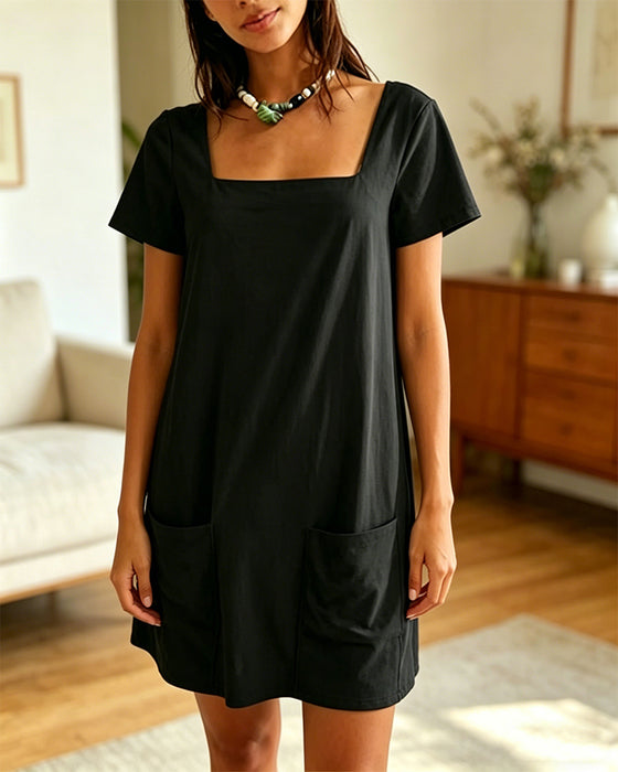 Square Neck Short-Sleeved Pocket Dress