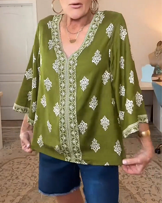 V-Neck Ethnic Loose Blouse