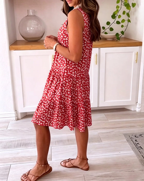 V-Neck Sleeveless Floral A-Line Dress