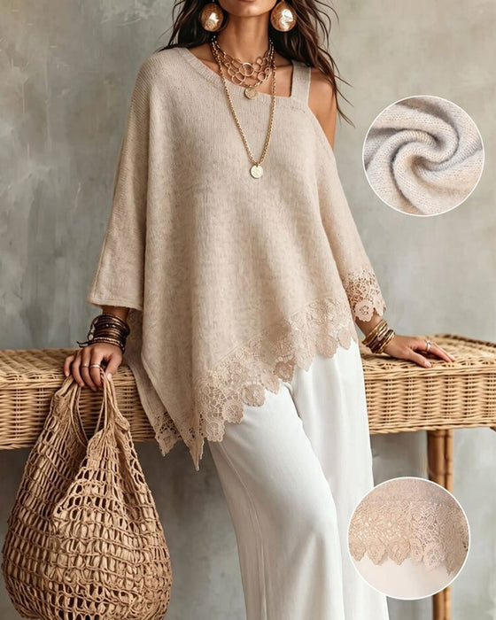 One-Shoulder Lace Hem Patchwork Pullover