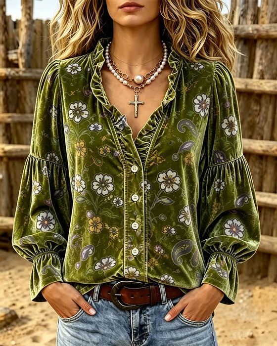 V-Neck Button Ruffle Floral Blouse