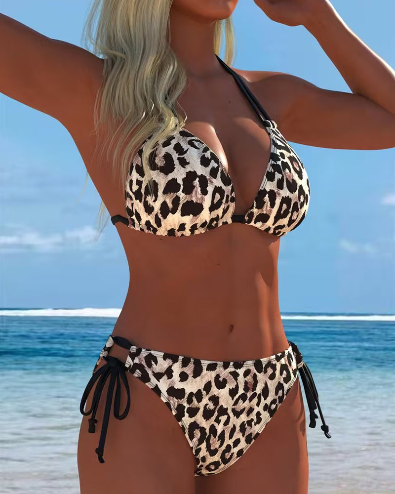 Leopard Print Halterneck Strappy Bikini