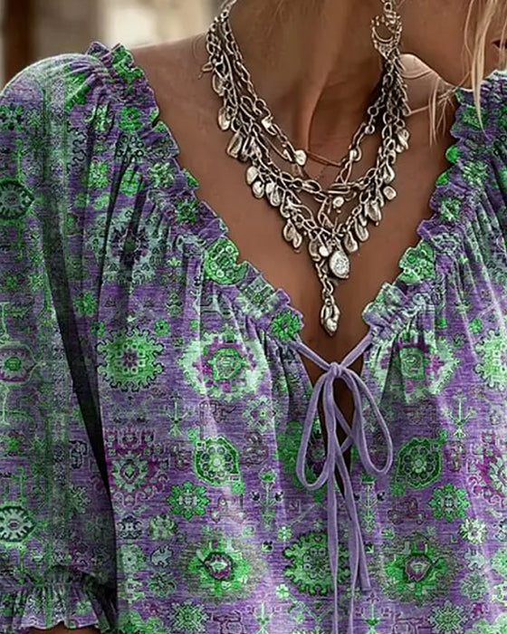 V-Neck Tie Vintage Print Blouse