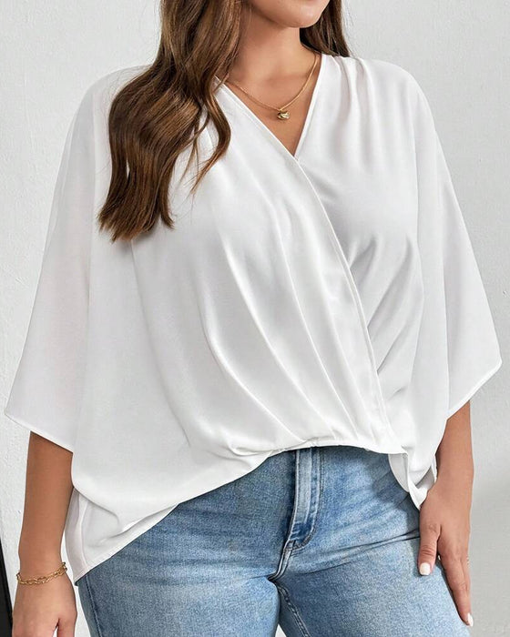 V-Neck Cross Irregular Solid Blouse