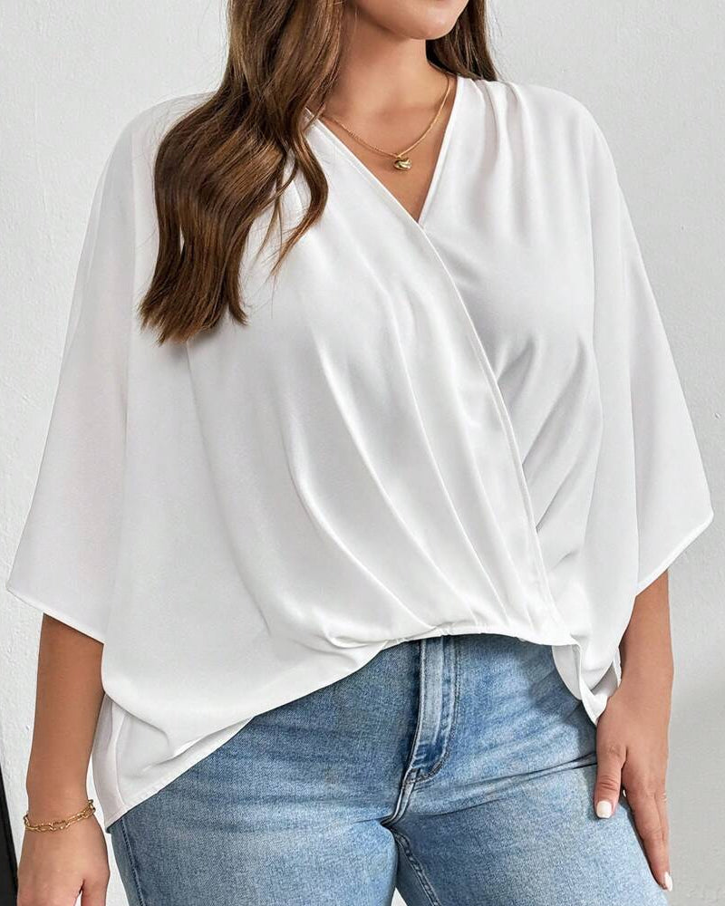 V-Neck Cross Irregular Solid Blouse