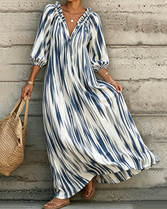 Tie-Dye V-Neck Puff Sleeve Long Resort Dress
