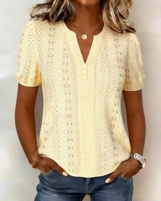 V-Neck Pearl Button Bubble Sleeve Blouse