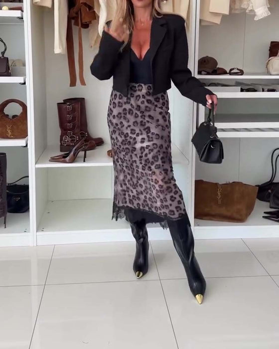 Leopard Print Lace Panel Skirt