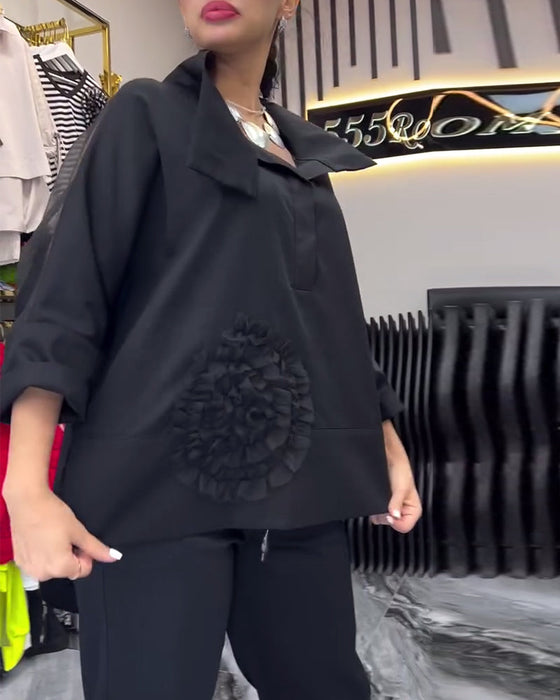Lapel lace stitching flower blouse