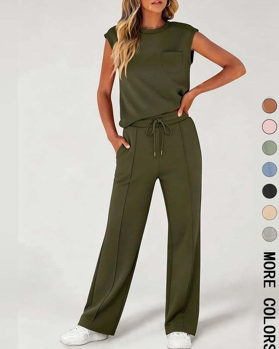 Solid Sleeveless Short Sleeve Casual Set