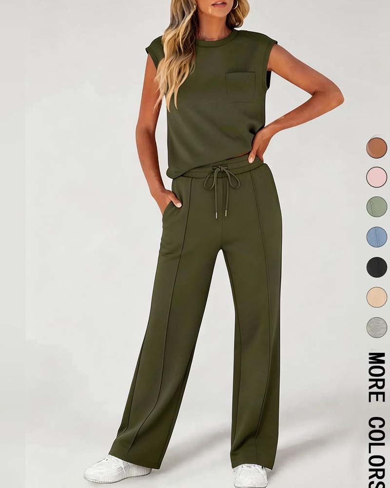 Solid Sleeveless Short Sleeve Casual Set
