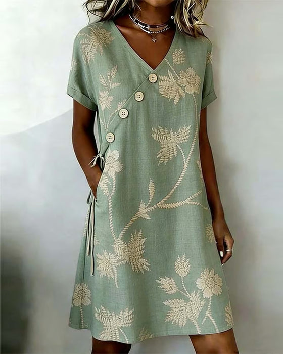 Diagonal Button Print V-Neck Midi Dress