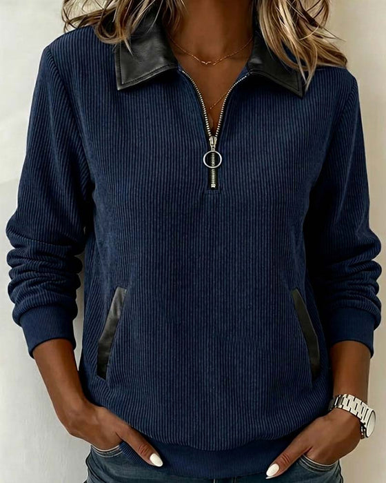 Lapel Zip Long Sleeve Sweatshirt