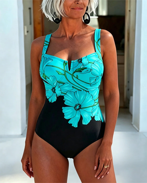 Square Neck Halter Strap Floral Swimsuit One-Piece