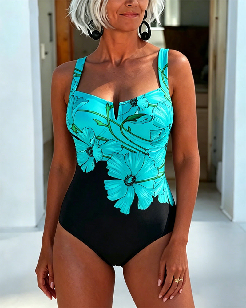 Square Neck Halter Strap Floral Swimsuit One-Piece