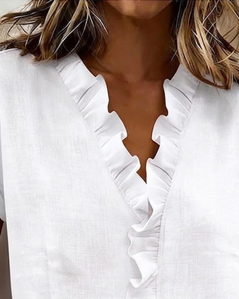 Pure Cotton Short-Sleeved Blouse With Ruffled Collar