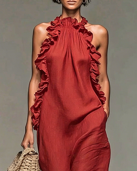 Halterneck Ruffled Long Dress