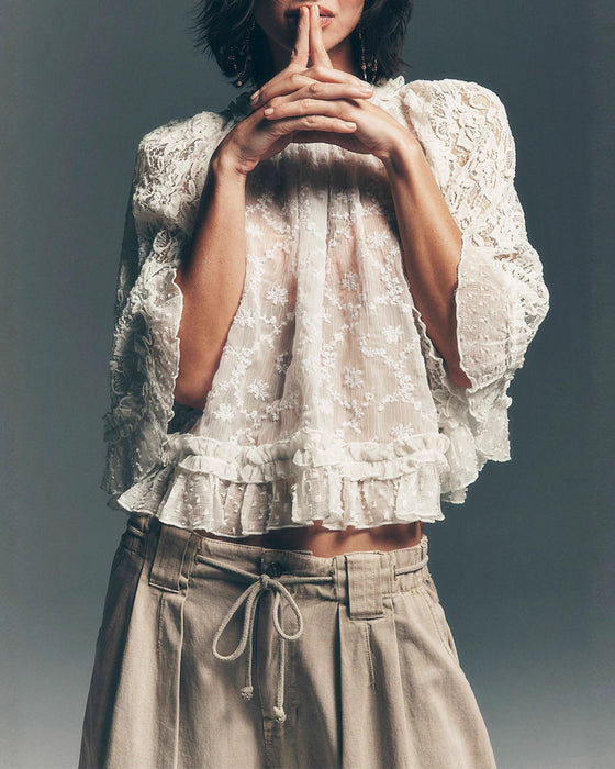 Lace Hollow-Out Ruffle Sleeve Sun Protection Blouses