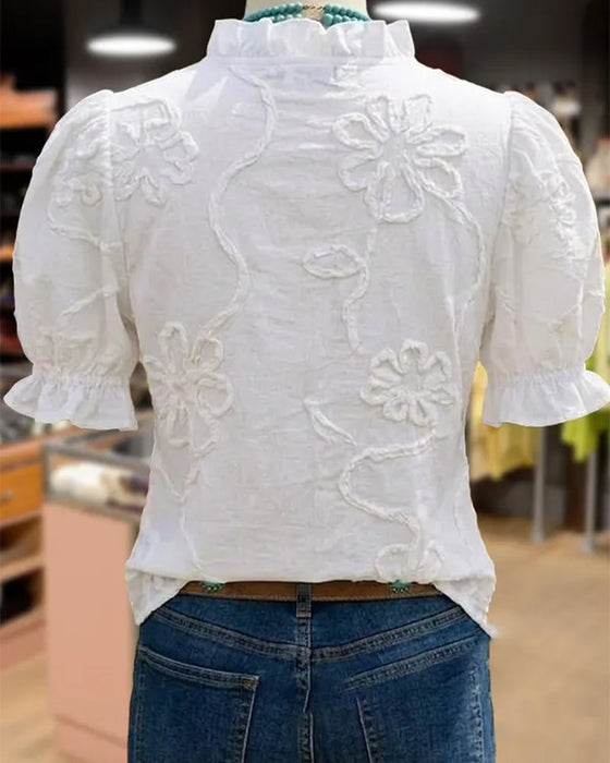 V-Neck Ruffle Trim Puff Sleeve Blouse