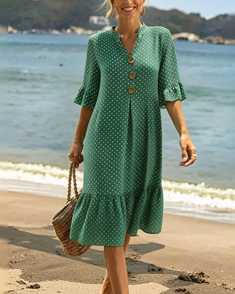 Polka Dot V-Neck Ruffle Sleeve Dress