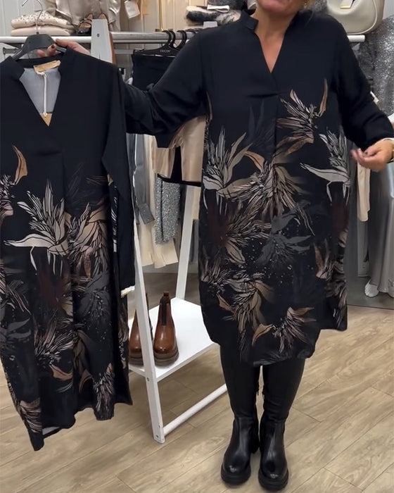V-Neck Leaf Print Long-Sleeved Dress