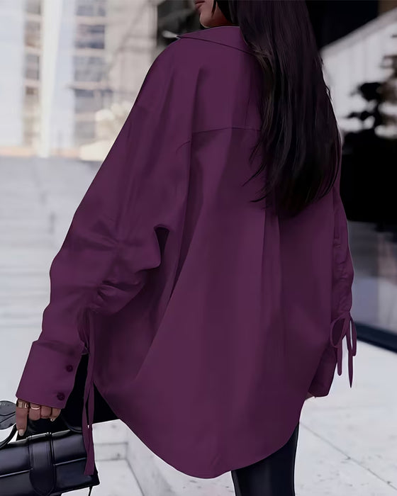 Tie Ruched Button Front Loose Shirt