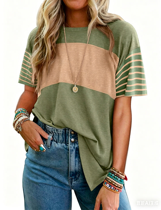 Pullover Striped Color-Block Short-Sleeve T-Shirt