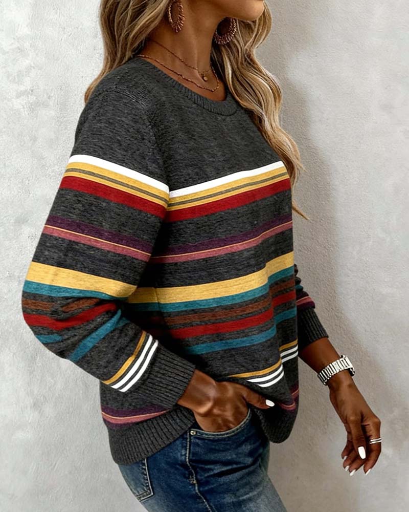 Crew Neck Rainbow Striped Sweatshirt