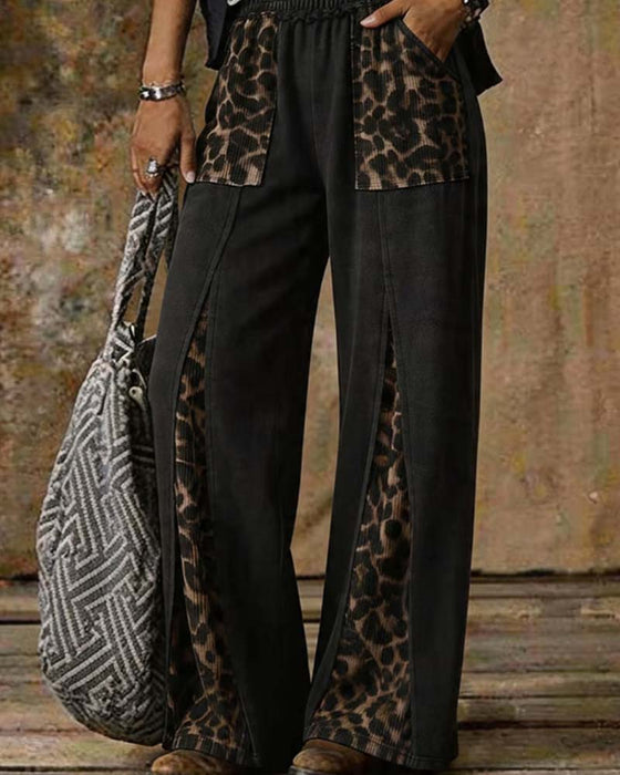 Leopard Print Wide-Leg Patchwork Casual Pants