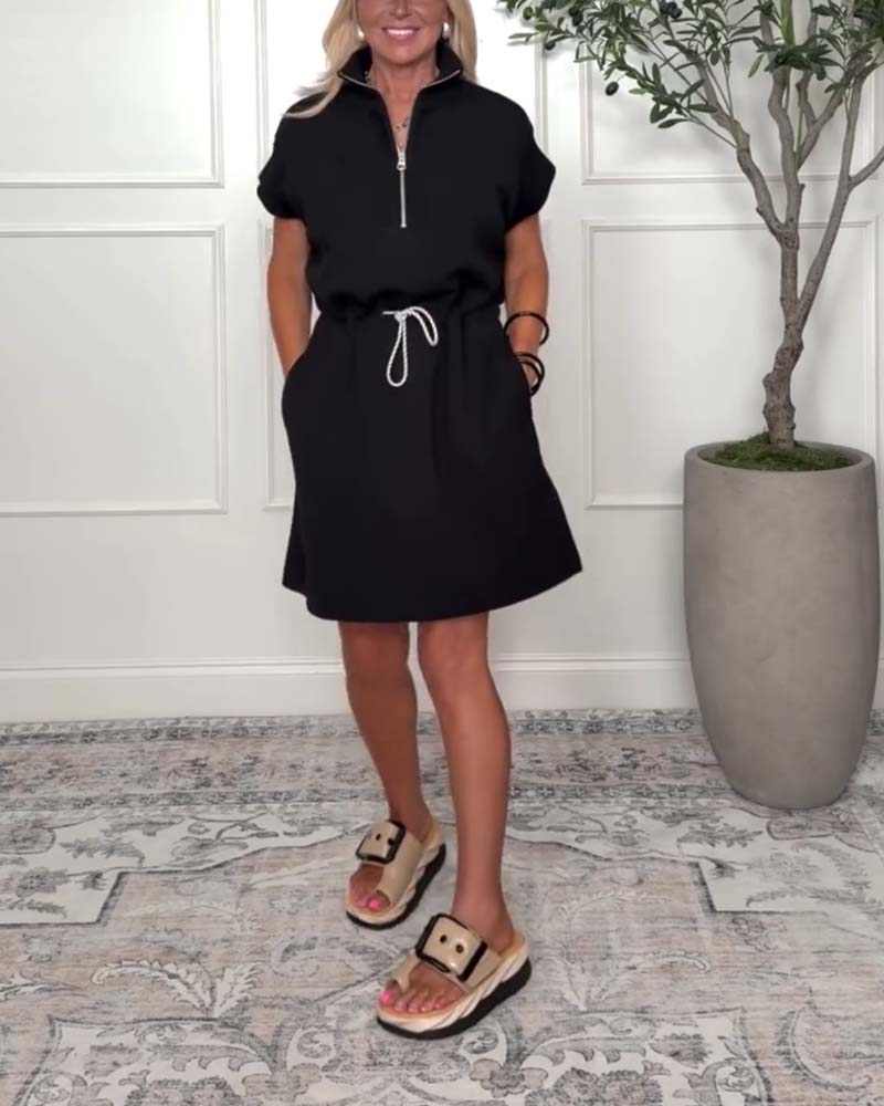 Zipper Drawstring Waist Casual Dress