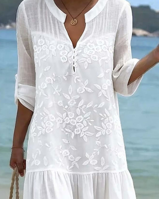 V-Neck Embroidered Vacation Style Dress
