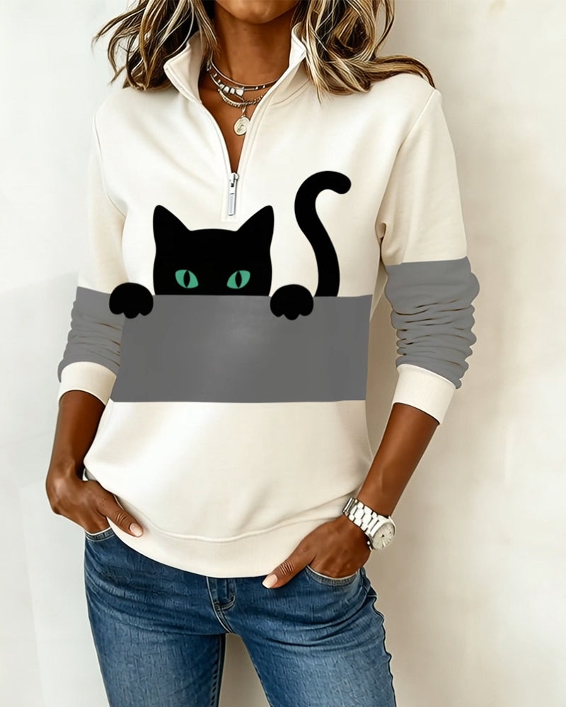 Half-Zip Cat Print Sweatshirt