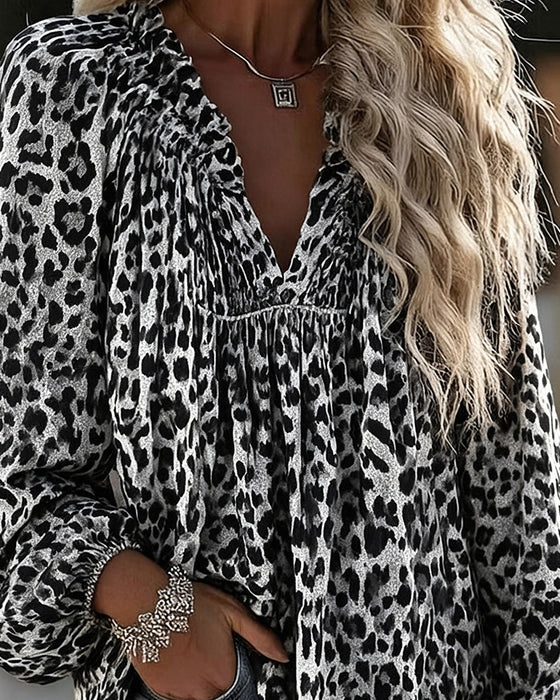 V-Neck Leopard Print Ruffled Puff Sleeve Blouse