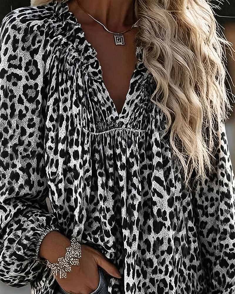 V-Neck Leopard Print Ruffled Puff Sleeve Blouse