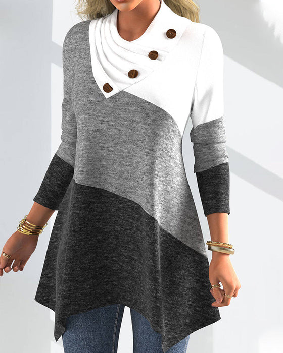 Colorblock long-sleeve top with scarf collar
