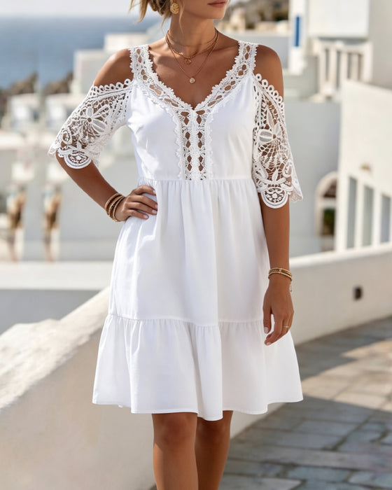 Lace Off-Shoulder Tiered Short Dresses