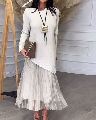 Crew Neck Irregular Pullover And Skirt Two-Piece Set