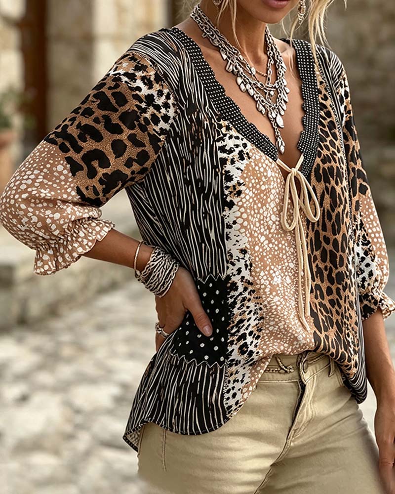 V-Neck Leopard Dot Bubble Sleeve Blouse