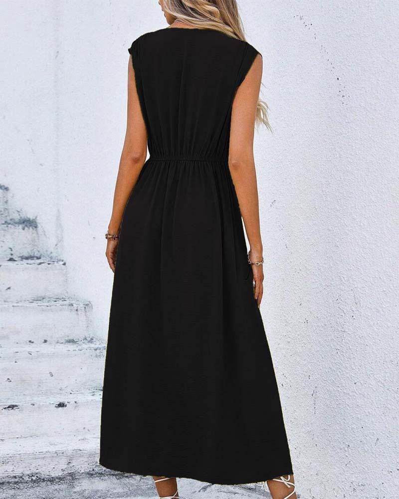 Solid Color Cinched Waist Tie Dress