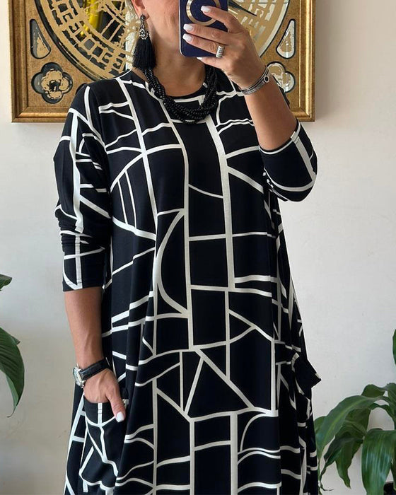 Loose Shift Dress with Pocket and Round Neck