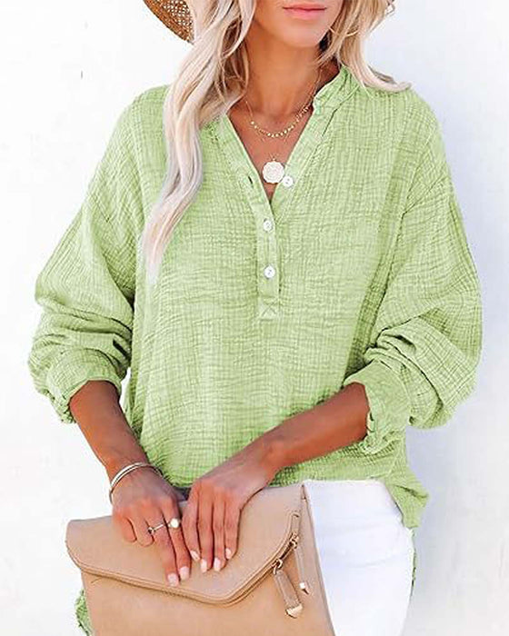 Pleated Button Long Sleeve Blouse