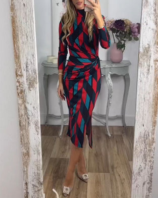 Diamond pattern print slit dress