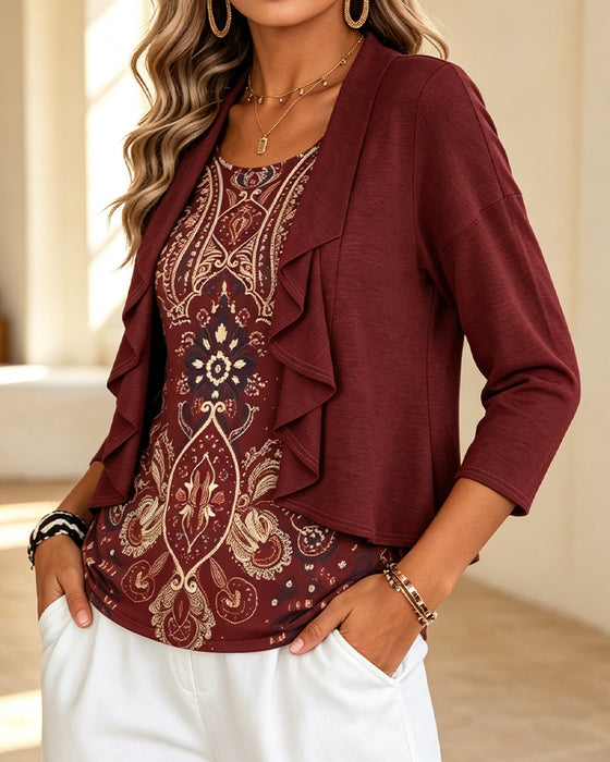 Mock Two-Piece Ruffle Print Blouse