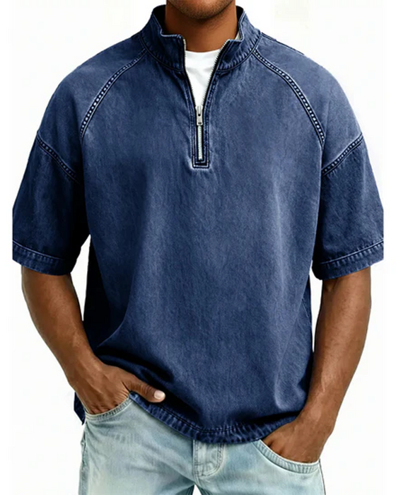 Washed Zip-Up Short Sleeve Shirt