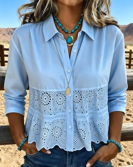 Cut-Out Patchwork Lapel Blouse