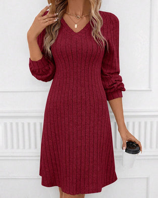V-neck ribbed solid color dress