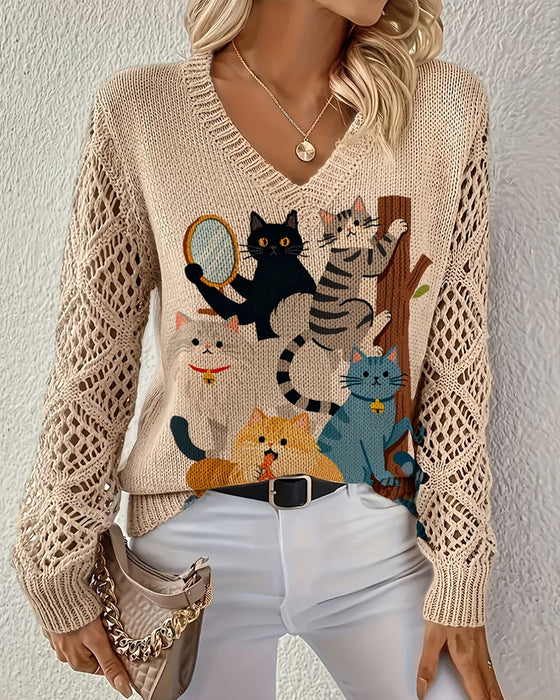 V-Neck Hollow Out Cartoon Cat Print Pullover