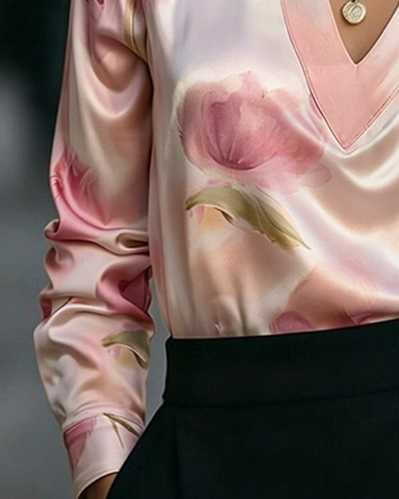 Lapel V-Neck Floral Print Long Sleeve Blouse