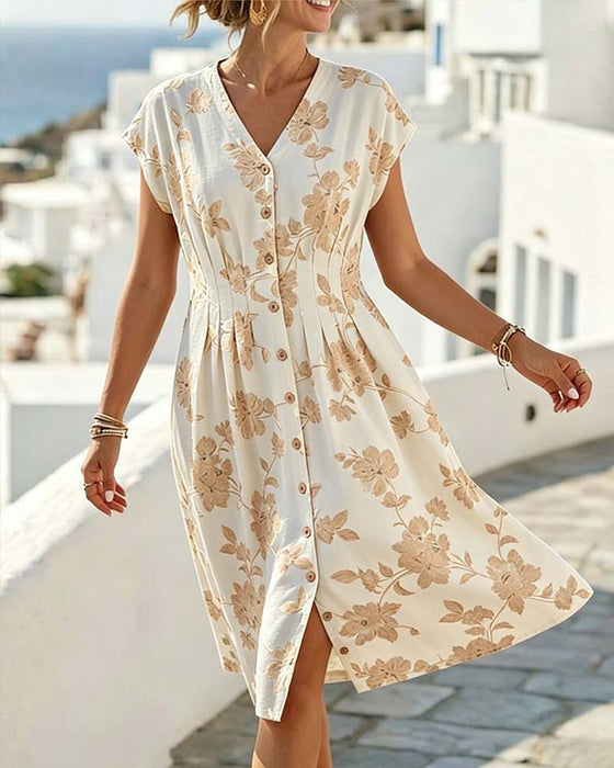 V-Neck Print Cinched Waist Button-Front Dress
